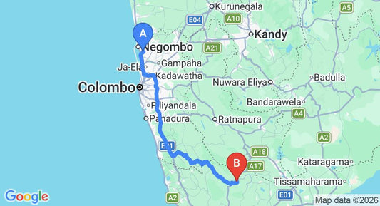 Driving route map: Colombo Airport (CMB) to Lands End Holiday Bungalow, Matara (173 km, approx 3 h 23 min private transfer)