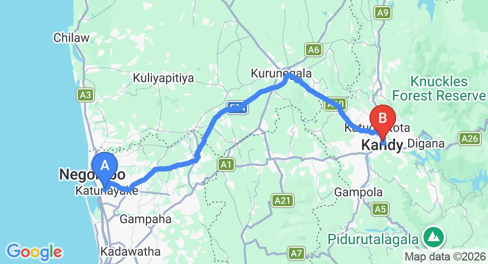 Driving route map: Colombo Airport (CMB) to Meili Lanka City Hotel, Kandy (114 km, approx 2 h 50 min private transfer)