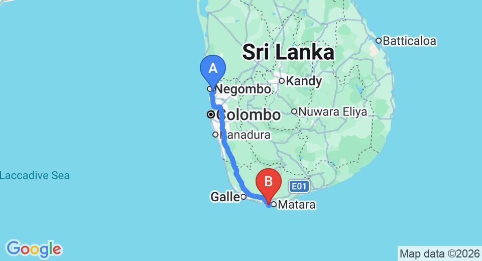 Driving route map: Colombo Airport (CMB) to Lantern Boutique, Mirissa (180 km, approx 2 h 36 min private transfer)