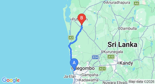 Driving route map: Colombo Airport (CMB) to The Mudhouse, Anamaduwa (104 km, approx 2 h 37 min private transfer)