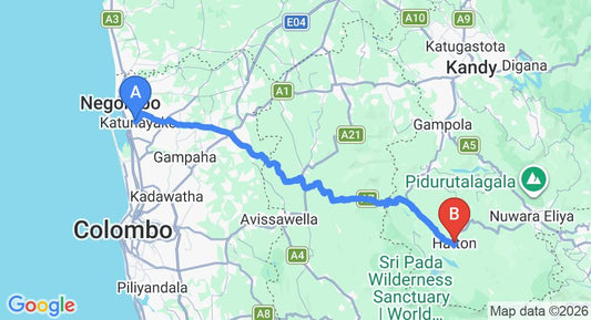 Driving route map: Colombo Airport (CMB) to Hatton (116 km, approx 3 h 36 min private transfer)