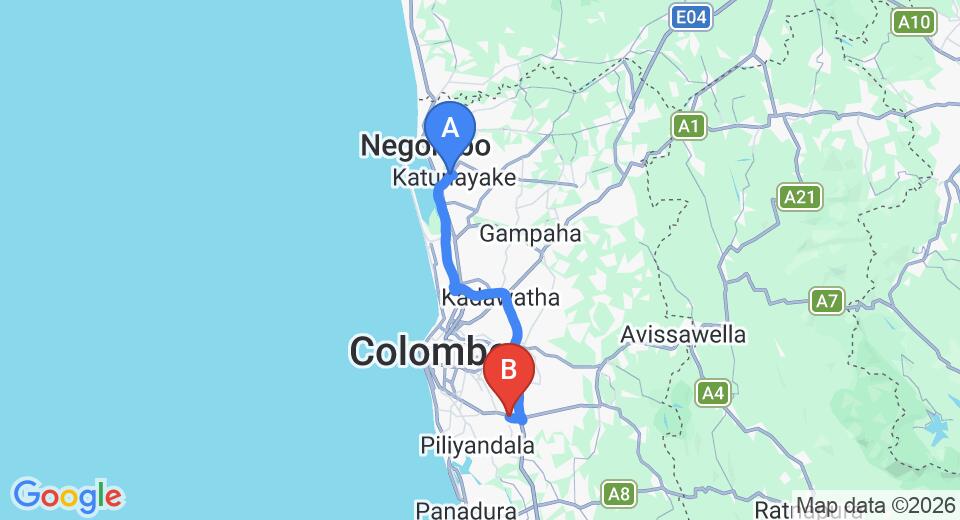 Driving route map: Colombo Airport (CMB) to Kottawa (51 km, approx 51 min private transfer)