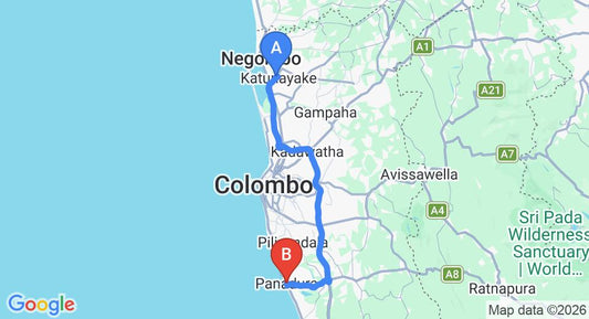 Driving route map: Colombo Airport (CMB) to Avakasha Beach Resort, Panadura (76 km, approx 1 h 23 min private transfer)