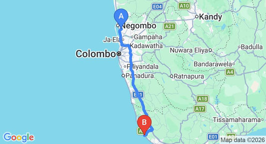 Driving route map: Colombo Airport (CMB) to Ocean Vew Cottage, Hikkaduwa (143 km, approx 2 h 7 min private transfer)