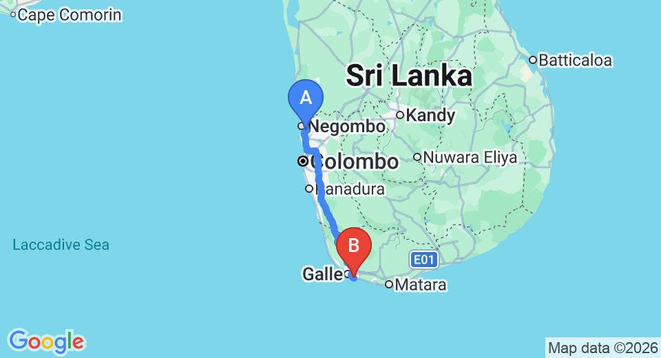 Driving route map: Colombo Airport (CMB) to Kings Palm Villa, Unawatuna (154 km, approx 2 h 11 min private transfer)