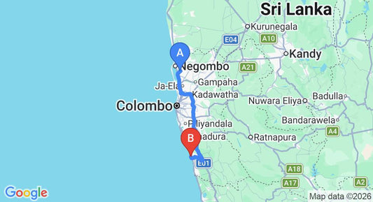 Driving route map: Colombo Airport (CMB) to Avani Kalutara, Kalutara (96 km, approx 1 h 37 min private transfer)