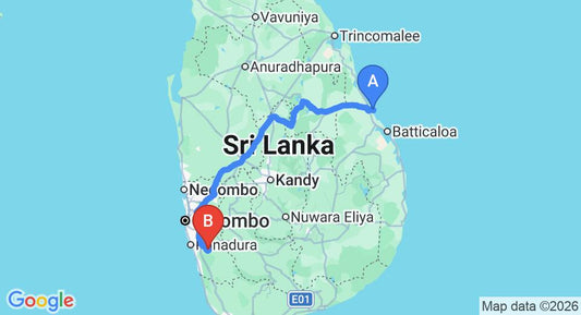 Driving route map: Pasikuda to Yala (319 km, approx 6 h 29 min private transfer)