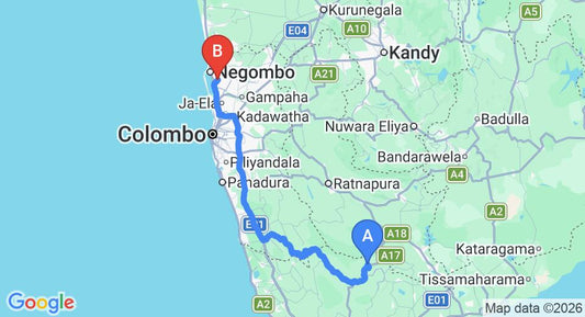 Driving route map: Deniyaya to Colombo Airport (CMB) (188 km, approx 3 h 40 min private transfer)