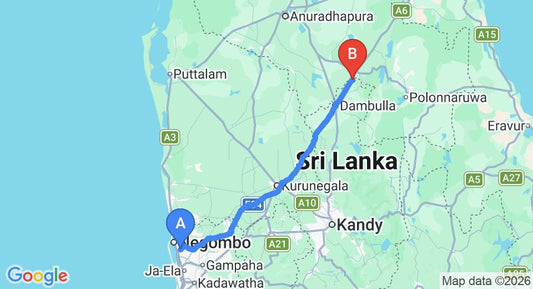 Driving route map: Colombo Airport (CMB) to Aliya Resort and Spa, Sigiriya (147 km, approx 3 h 9 min private transfer)