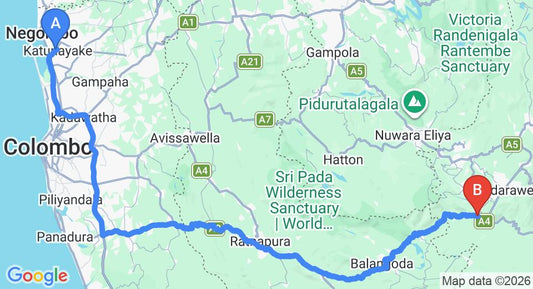 Driving route map: Colombo Airport (CMB) to Blackwood View Bungalow, Haputale (204 km, approx 4 h 49 min private transfer)