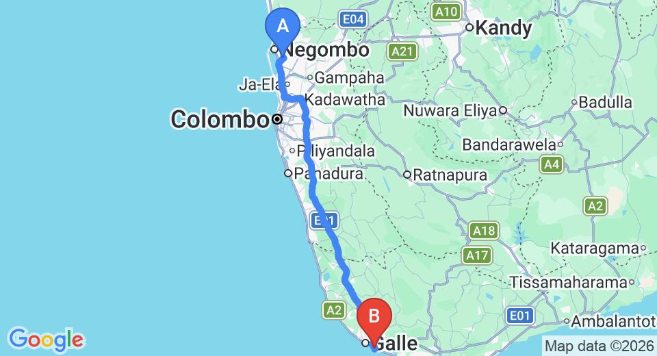 Driving route map: Colombo Airport (CMB) to Mango House Villa, Unawatuna (153 km, approx 2 h 11 min private transfer)