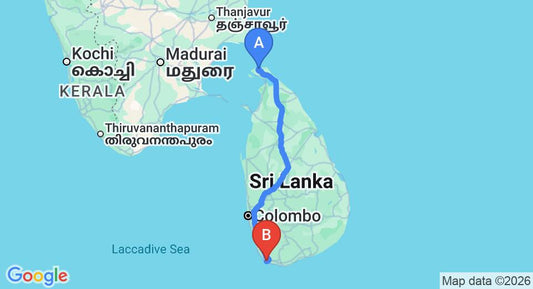 Driving route map: Jaffna (JAF) Airport to Galle (511 km, approx 9 h 23 min private transfer)