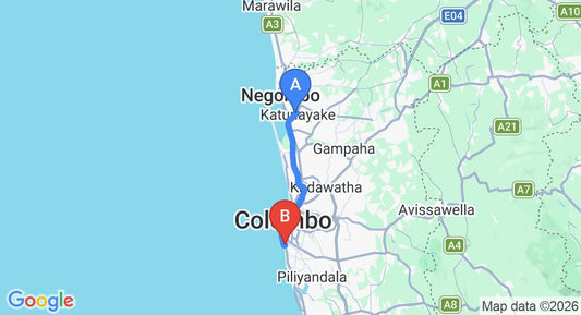 Driving route map: Colombo Airport (CMB) to Lafala Hotel and Service Apartment, Wellawatte (39 km, approx 58 min private transfer)