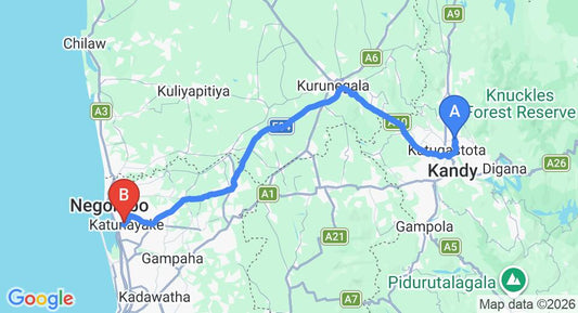 Driving route map: Jambugahapitiya to Colombo Airport (CMB) (115 km, approx 2 h 50 min private transfer)