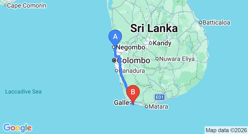 Driving route map: Colombo Airport (CMB) to Sri Gemunu Beach Resort, Unawatuna (154 km, approx 2 h 10 min private transfer)