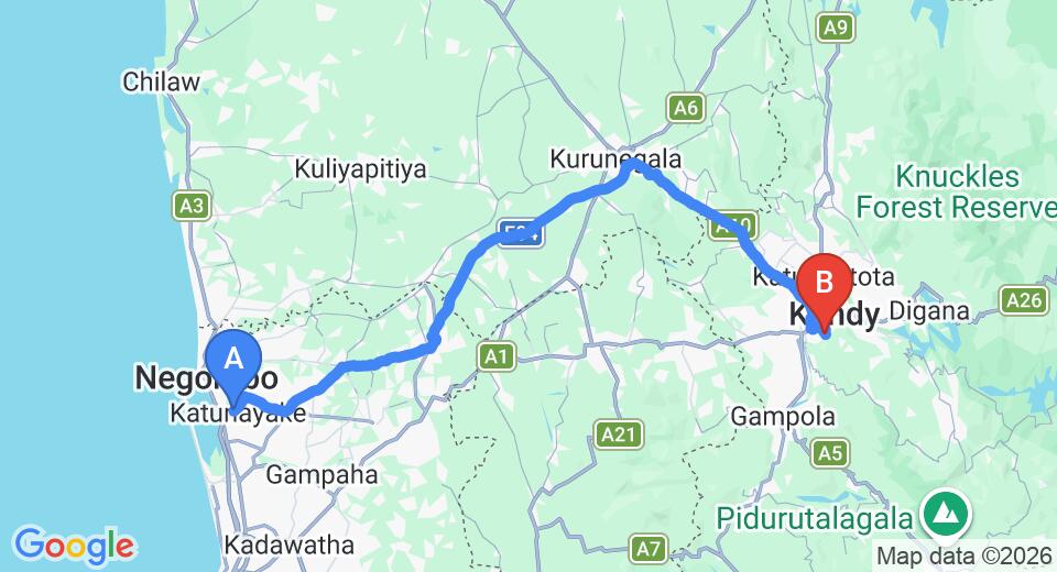 Driving route map: Colombo Airport (CMB) to Kandy Eco Camp, Kandy (116 km, approx 2 h 56 min private transfer)