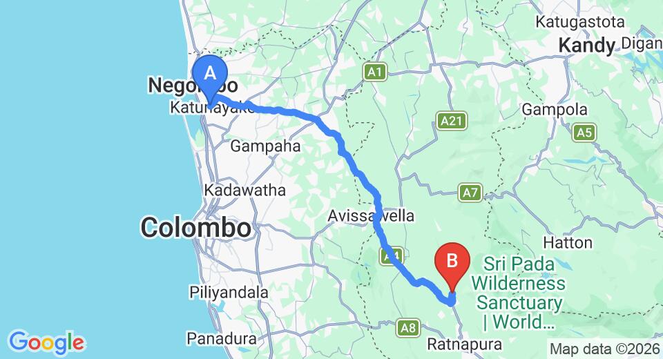 Driving route map: Colombo Airport (CMB) to Minara Bopath Ella, Ratnapura (87 km, approx 2 h 30 min private transfer)