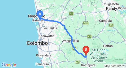 Driving route map: Colombo Airport (CMB) to Minara Bopath Ella, Ratnapura (87 km, approx 2 h 30 min private transfer)