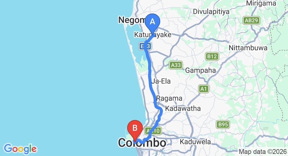 Driving route map: Colombo Airport (CMB) to Shangri-La, Colombo (35 km, approx 48 min private transfer)