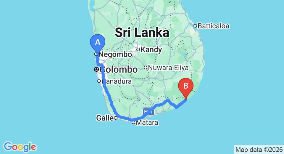 Driving route map: Colombo Airport (CMB) to Margosa Holiday Bungalow, Yala (316 km, approx 5 h 4 min private transfer)