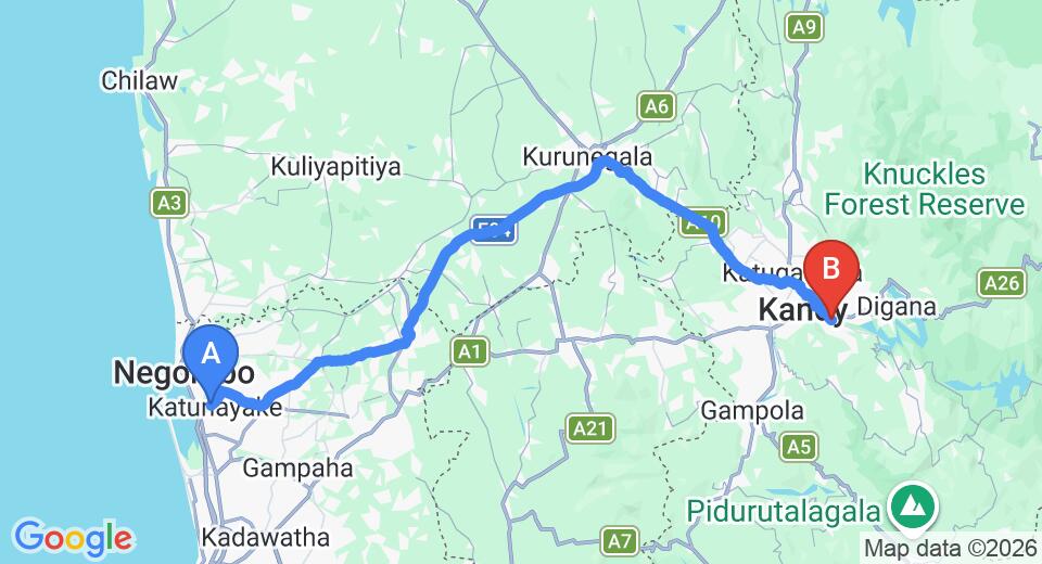 Driving route map: Colombo Airport (CMB) to River View Bungalow, Kandy (118 km, approx 2 h 58 min private transfer)