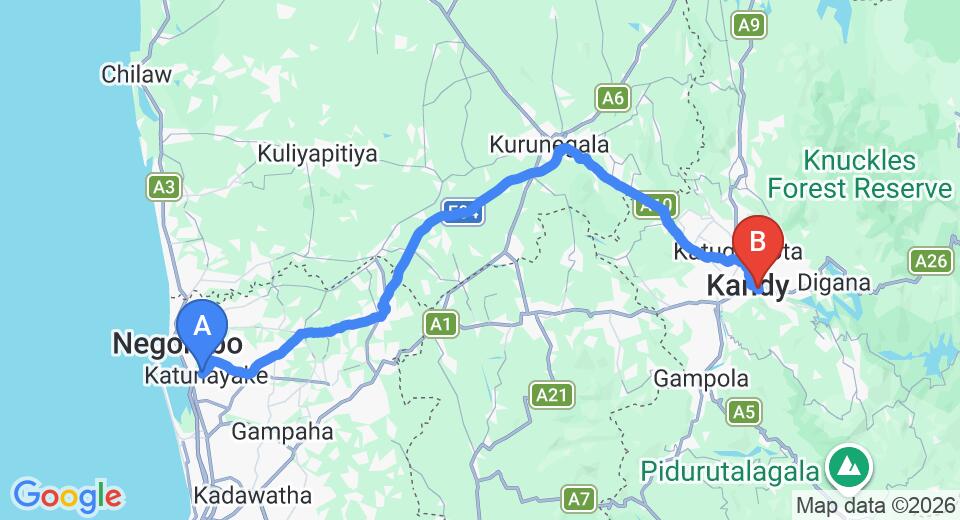 Driving route map: Colombo Airport (CMB) to Green Hills Kandy, Kandy (116 km, approx 2 h 56 min private transfer)