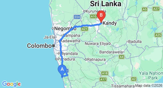 Driving route map: Bentota to Kandy (177 km, approx 4 h 9 min private transfer)