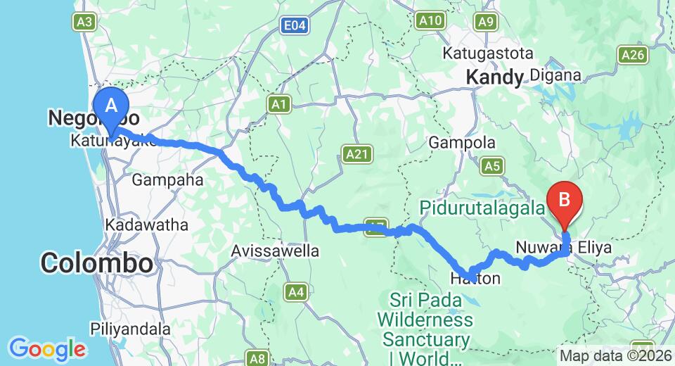 Driving route map: Colombo Airport (CMB) to Splash Nuwaraeliya, Nuwara Eliya (157 km, approx 4 h 55 min private transfer)