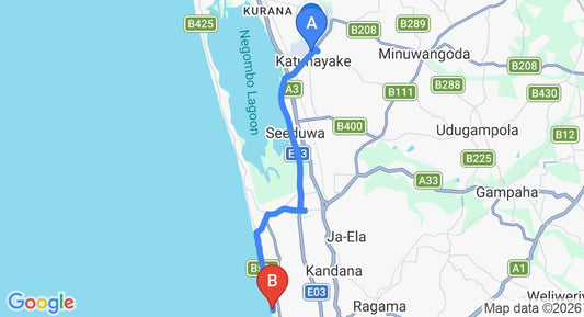 Driving route map: Colombo Airport (CMB) to Uswetakeiyawa Beach Bungalow, Wattala (21 km, approx 32 min private transfer)