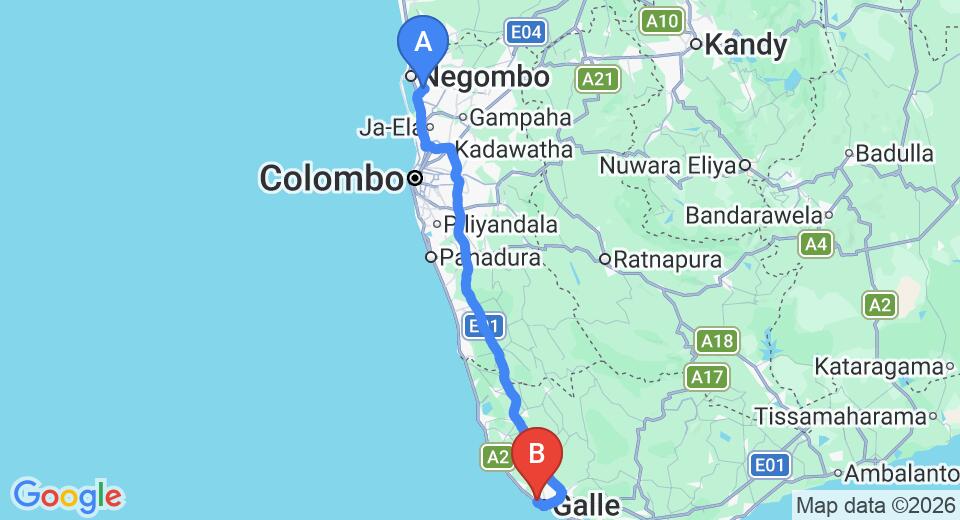 Driving route map: Colombo Airport (CMB) to Taru Villa Tamarind Hill, Galle (155 km, approx 2 h 18 min private transfer)
