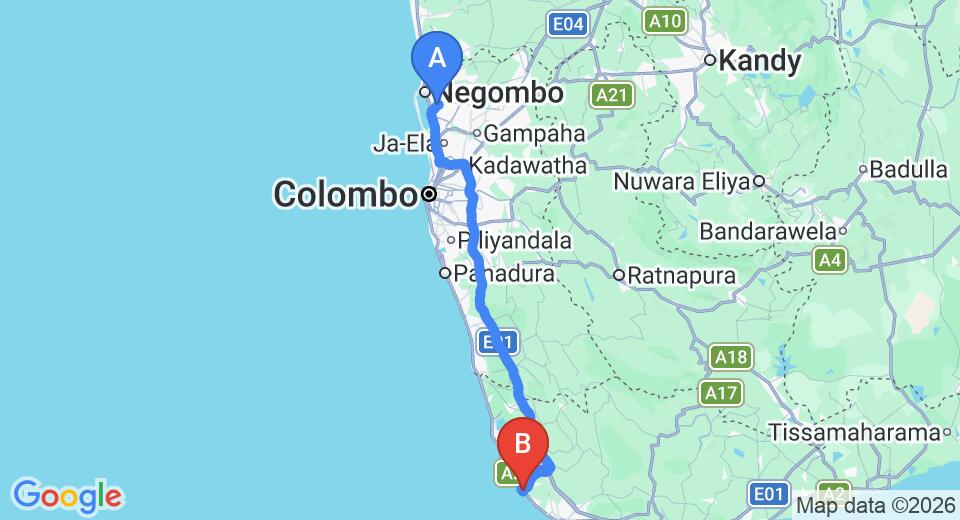 Driving route map: Colombo Airport (CMB) to Lavanga Resort and Spa, Hikkaduwa (144 km, approx 2 h 8 min private transfer)