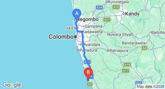 Driving route map: Colombo Airport (CMB) to Madampa Lake, Ambalangoda (133 km, approx 2 h 7 min private transfer)