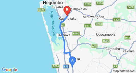 Driving route map: Kandana to Colombo Airport (CMB) (16 km, approx 21 min private transfer)