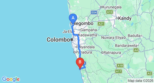 Driving route map: Colombo Airport (CMB) to Canal Villa, Bentota (109 km, approx 1 h 43 min private transfer)
