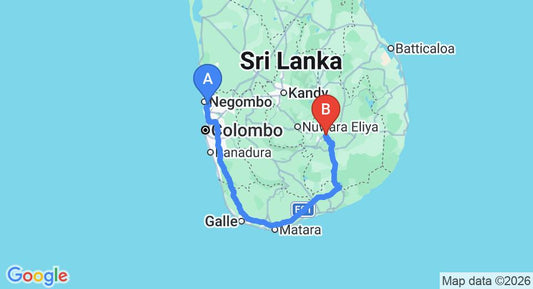 Driving route map: Colombo Airport (CMB) to EKHO Ella, Ella (335 km, approx 4 h 56 min private transfer)