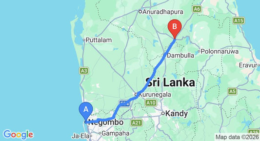 Driving route map: Negombo to Habarana (153 km, approx 3 h 11 min private transfer)