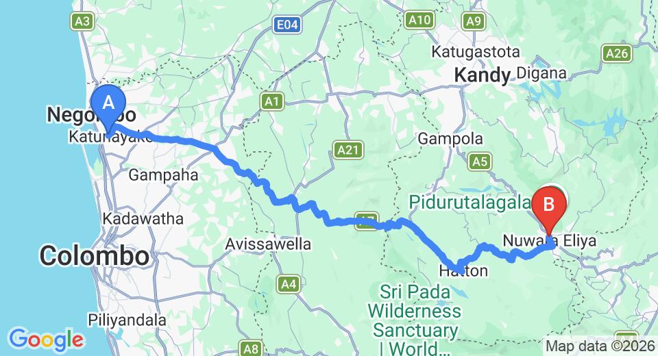 Driving route map: Colombo Airport (CMB) to Araliya Green City, Nuwara Eliya (153 km, approx 4 h 43 min private transfer)