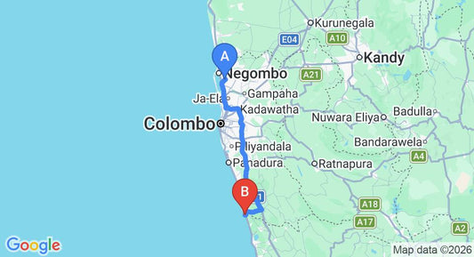 Driving route map: Colombo Airport (CMB) to Hotel Susantha Garden, Bentota (108 km, approx 1 h 43 min private transfer)