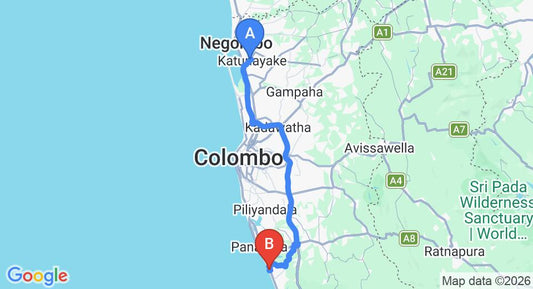 Driving route map: Colombo Airport (CMB) to The Privilege Ayurveda Beach Resort, Wadduwa (79 km, approx 1 h 25 min private transfer)