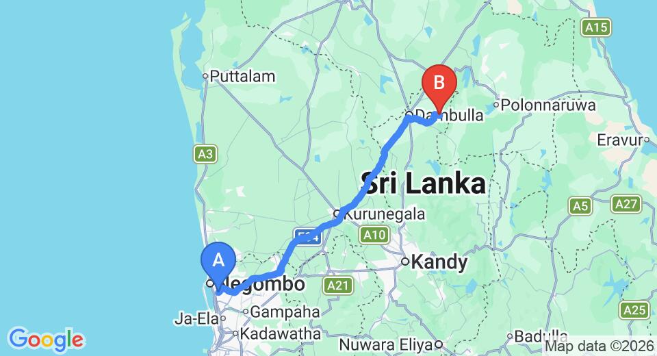 Driving route map: Colombo Airport (CMB) to Leopard Den Hotel, Wilpattu (146 km, approx 3 h 14 min private transfer)