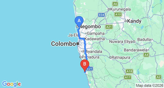 Driving route map: Colombo Airport (CMB) to Earls Reef, Beruwala (101 km, approx 1 h 45 min private transfer)