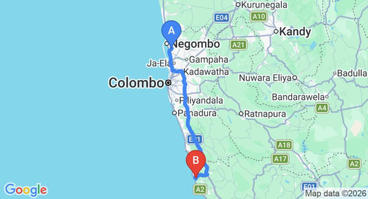 Driving route map: Colombo Airport (CMB) to Thamara Apartment, Ambalangoda, Ambalangoda (130 km, approx 1 h 59 min private transfer)