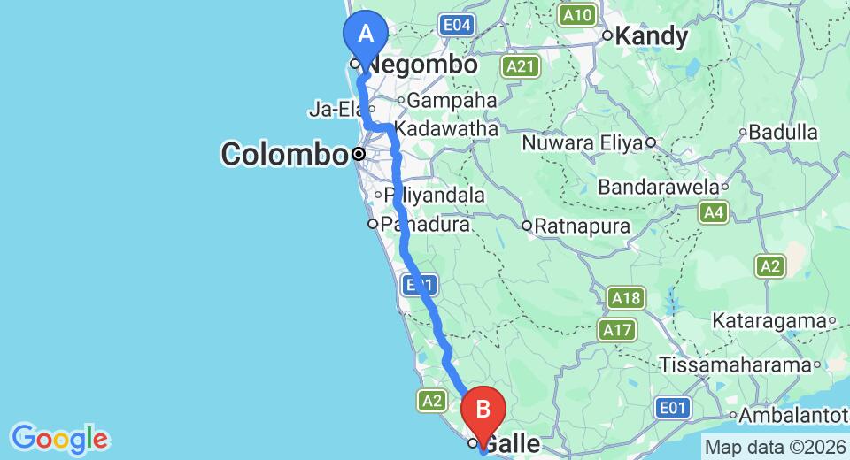 Driving route map: Colombo Airport (CMB) to Off Rocks, Unawatuna (153 km, approx 2 h 8 min private transfer)