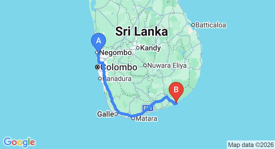 Driving route map: Colombo Airport (CMB) to Ruhunu Safari Village, Yala (294 km, approx 4 h 10 min private transfer)
