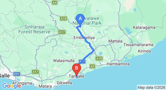 Driving route map: Udawalawe to Tangalle (62 km, approx 1 h 21 min private transfer)