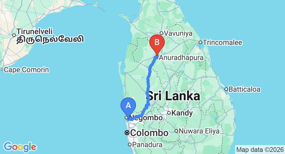 Driving route map: Colombo Airport (CMB) to Hotel Shalini, Anuradhapura (176 km, approx 3 h 48 min private transfer)
