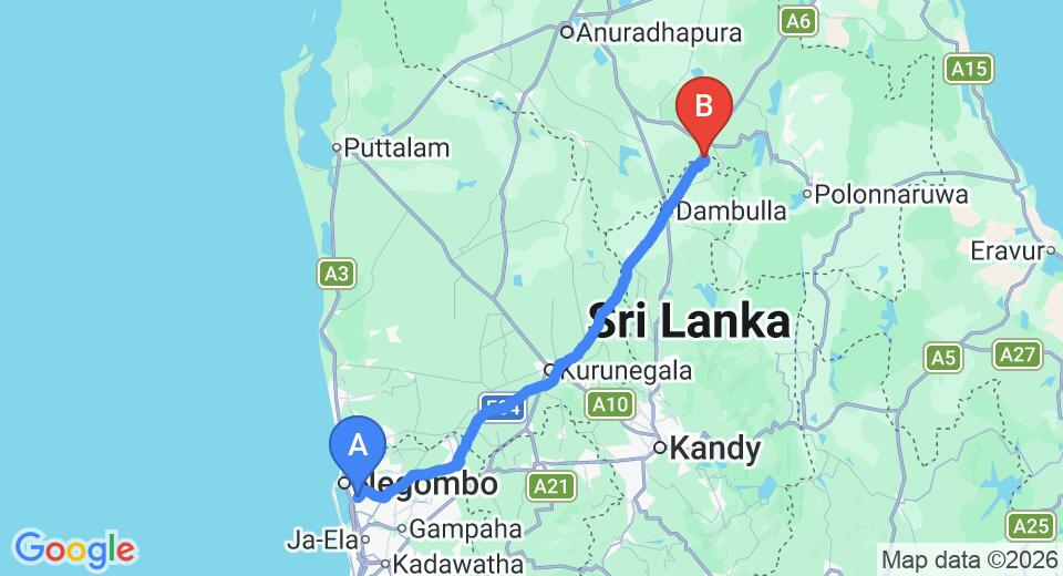 Driving route map: Colombo Airport (CMB) to Kumbukgaha Villa, Sigiriya (148 km, approx 3 h 16 min private transfer)