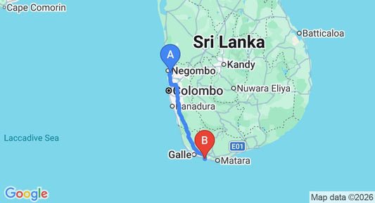 Driving route map: Colombo Airport (CMB) to Hotel Ahangama Easy Beach, Ahangama (166 km, approx 2 h 24 min private transfer)