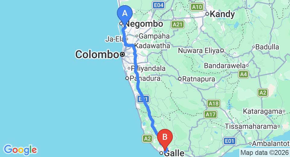 Driving route map: Colombo Airport (CMB) to Ranthil Resort, Unawatuna (148 km, approx 2 h 1 min private transfer)