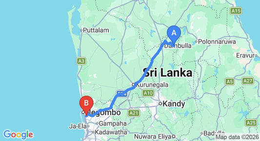 Driving route map: Kadugannawa to Colombo Airport (CMB) (150 km, approx 3 h 20 min private transfer)